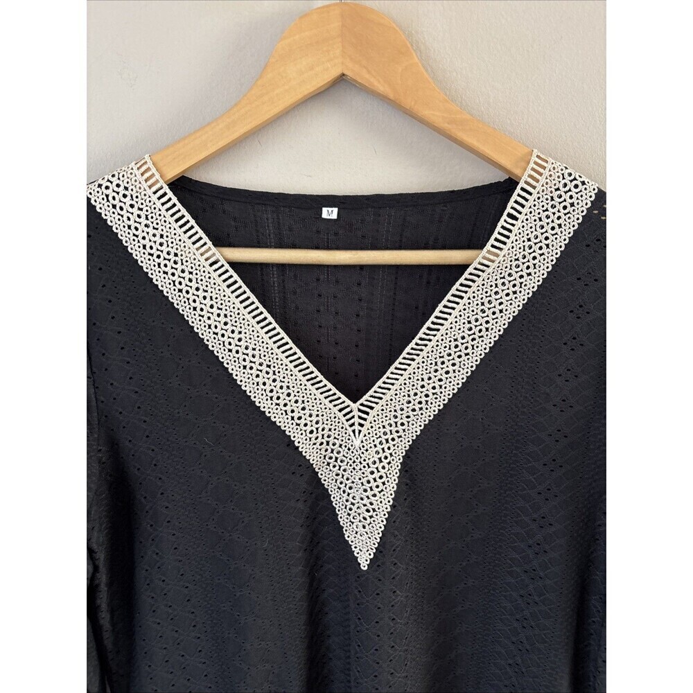 Women's Black Lace Blouse M Long Sleeve Stretch Tan Lace Accent Sheer Dressy Top - Picture 5 of 8